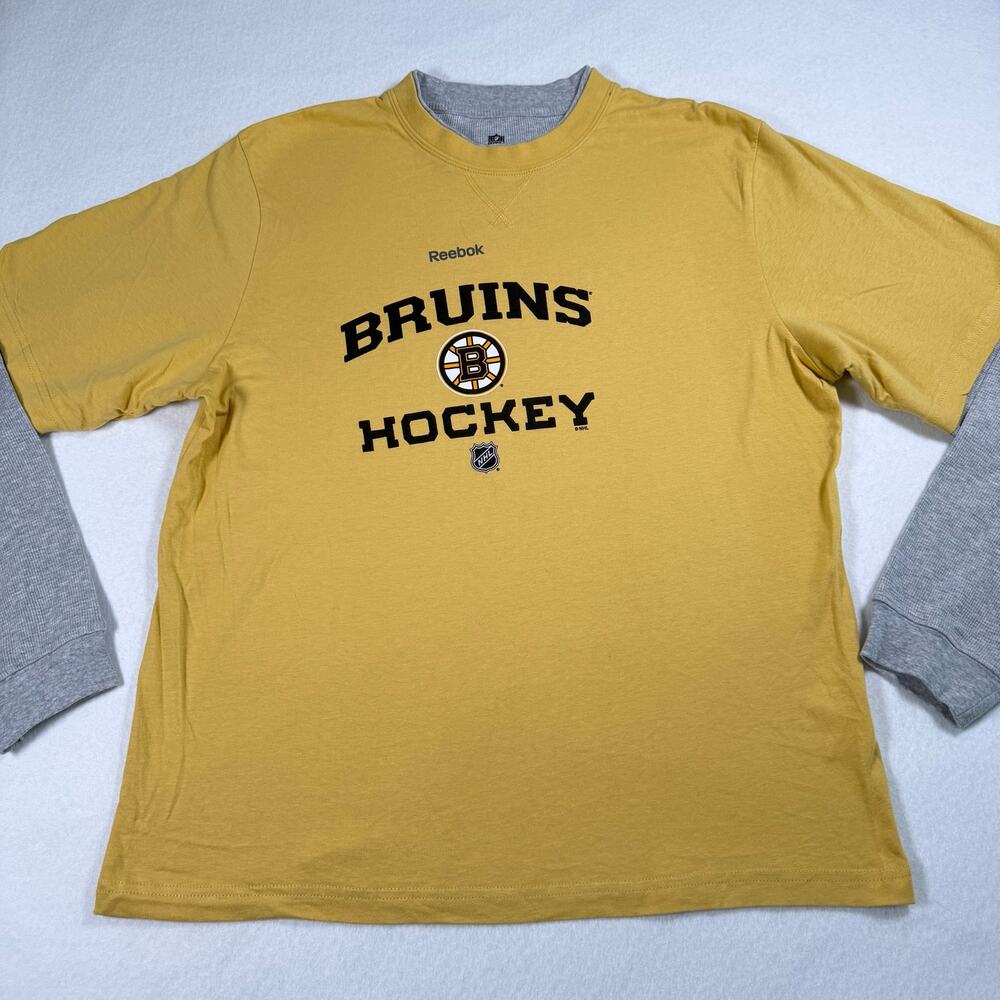 Reebok Boston Bruins Yellow Gray Layered Long Sleeve Shirt Men's Size Medium
